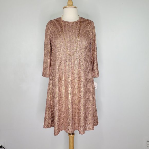 Ophelia Roe Pink Brown Shimmery Gold A-Line Pullover Dress NEW NWT Size M - Picture 13 of 13